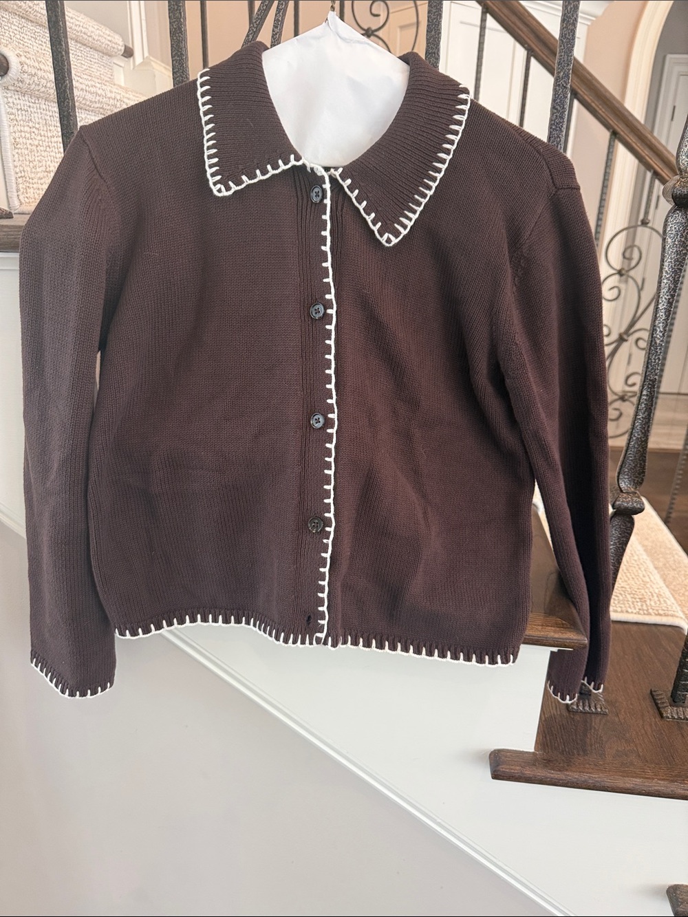 Rails Brown Knit Button-Down Jacket with White Trim
